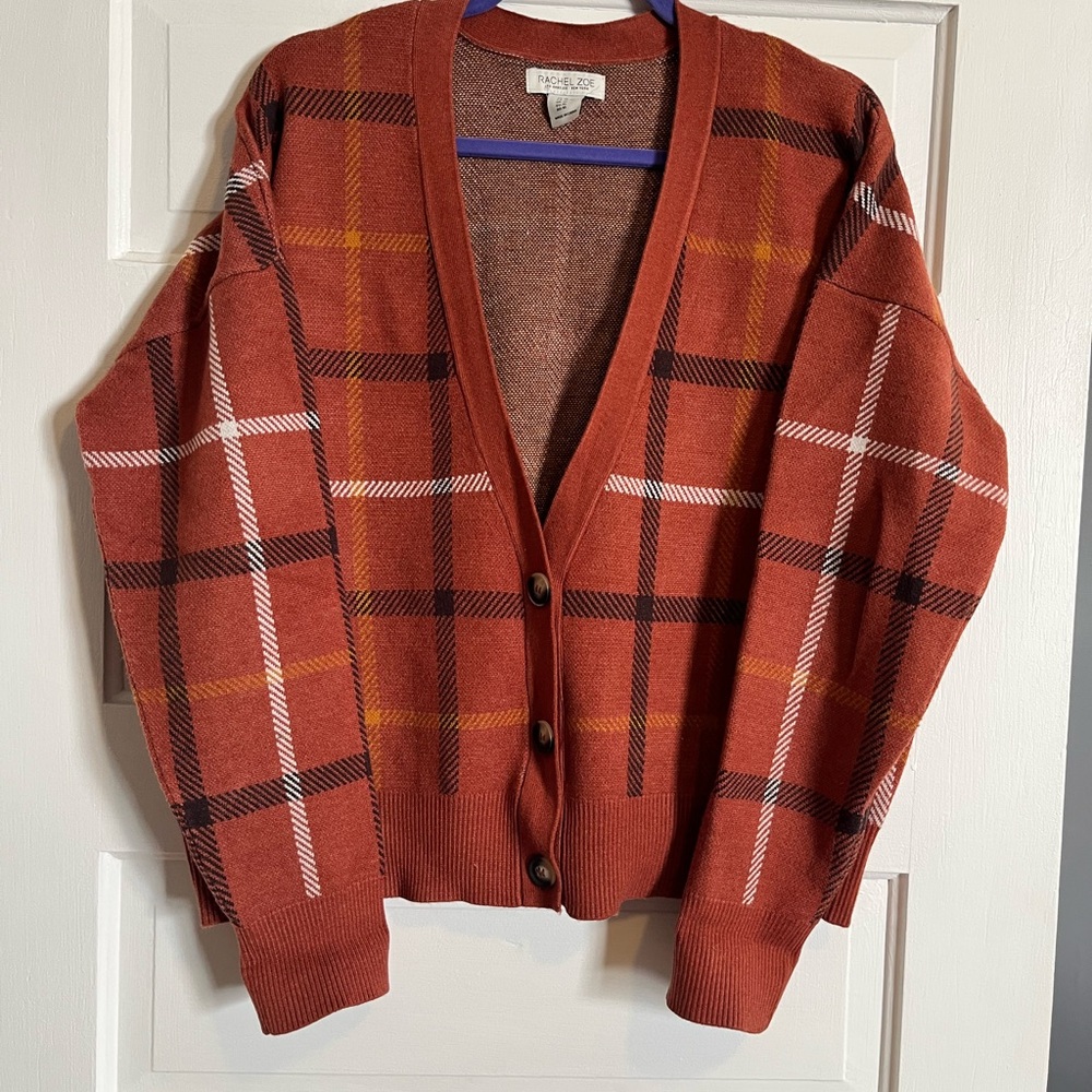 Rachel Zoe Rust Plaid Cardigan Sweater